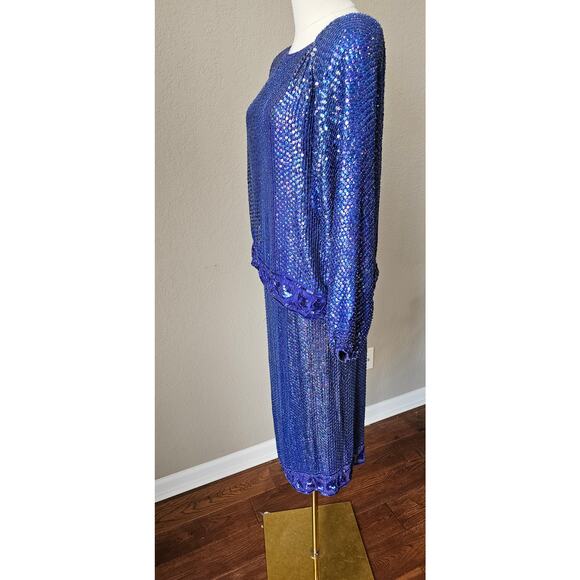 Vintage Women's Fully Sequin Beaded Silk Long‎ Sleeve Top & Skirt Set Large Blue - Picture 7 of 9